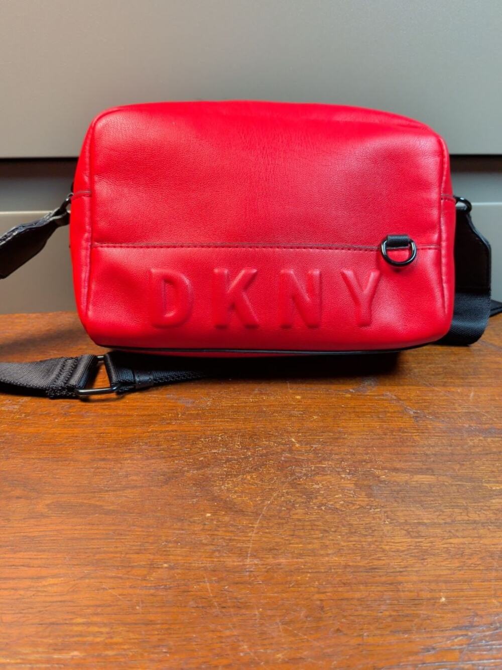 DKNY Red Logo Crossbody Bag Faux Leather Adjustable Strap Zip Closure 8x6